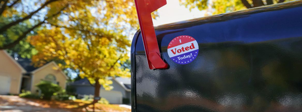 Photo of a mailbox with a "vote" sticker on it.
