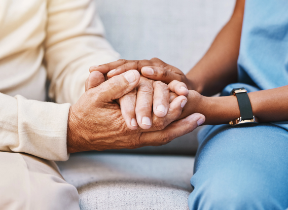Nurse and Patient Holding Hands Nurse, hands and senior patient in empathy, safety and support of help, trust and healthcare consulting. Nursing home, counseling and gratitude for medical caregiver, client and hope in consultation